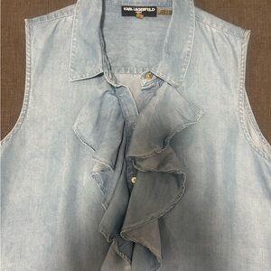 Karl Lagerfeld Denim Blue Ruffled Sleeveless Blouse